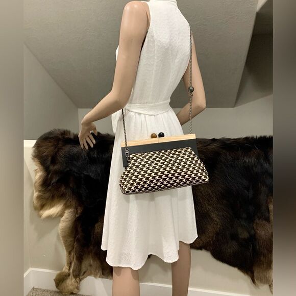 Houndstooth Real Hair-on-horsehide Handmade Wooden Frame Clutch/Shoulder Bag - Picture 9 of 15